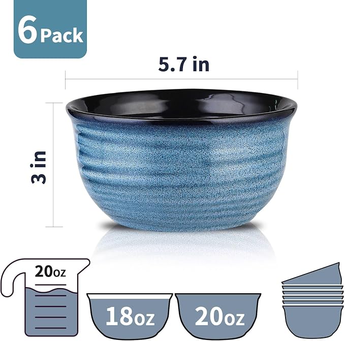 Hasense Cereal Bowl Set of 6, 20 Ounces Ceramic Soup Bowls Set for Kitchen, Suit for Cereal Soup Rice Pasta Salad Oatmeal, Microwave and Dishwasher Safe(Blue) - Image 5