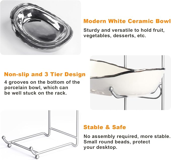 LIJINGCHEN 3 Tier Fruit Bowl for Kitchen Counter, Modern Ceramic Fruit Stand for Countertop, Home Fruit Rack with Holder, Vegetable Bowl Snacks Nuts Bread Candy Storage (Sliver) - Image 4