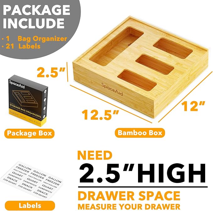 SpaceAid Bag Storage Organizer for Kitchen Drawer, Bamboo Organizer, Compatible with Gallon, Quart, Sandwich and Snack Variety Size Bag (1 Box 4 Slots), 2.5" High - Image 3