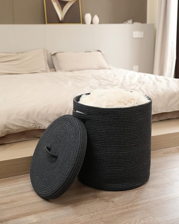 16x18 Inch Extra Large Round Cotton Rope Storage Basket with Lid, Decorative Woven Bin with Cover for Living Room Bedroom Closet, Grey & Black Mix - Image 5