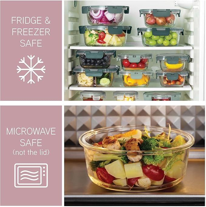 COOK WITH COLOR Premium 32-Pc. Borosilicate Glass Food Container Set with Dividers - 4 Rectangles, 8 Rounds, 4 Squares - Leakproof Lids - Meal Prep, Storage, Pink - Image 4