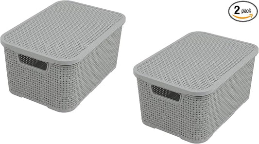 BranQ - Home essential Set of 2 baskets with lid in rattan design, size S 7 L, BPA free, PP plastic, light gray, 28.5 x 19.5 x 12.9 cm, 2 pieces, S by Unknown