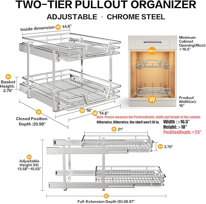 2-Tier Kitchen Cabinet Pull Out Shelf and Drawer Organizer Slide Out Pantry Storaqe Basket in Multiple Sizes (16" W x 21" D) - Image 2