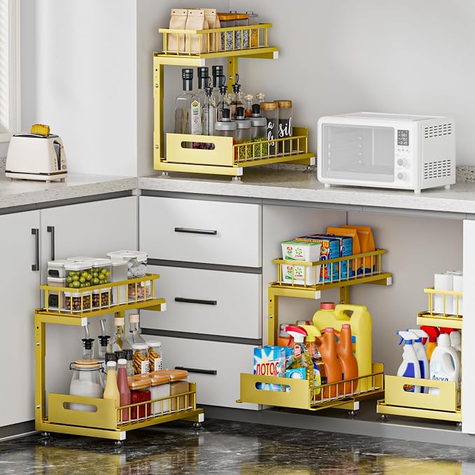 2-Pack L-Shaped Under Sink Organizer, 2-Tier Pull-out Cabinet Rack | Gold Height-Adjustable Metal Rack, Sliding Grid Drawers with Safety Stopper, Holds 100 Lbs, Ideal Kitchen Cabinet Storage - Image 3