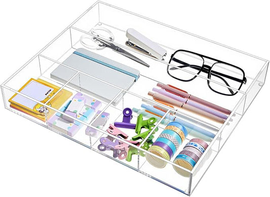 Large Acrylic Desk Deep Drawer Organizer with Adjustable Dividers, Anti-skip Clear Desk Top Junk Drawer Storage Tray for Pens, Desktop, Office, Bathroom, Kitchen, Makeup Supplies(6 Compartments) by Briwooody