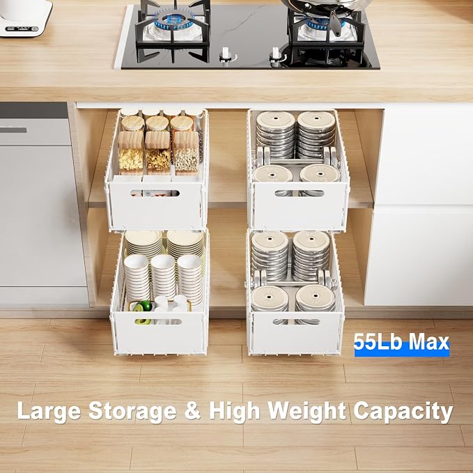 Mustorn 2 Pack Pull Out Cabinet Organizer, Slide Out Drawers for Cabinets, Peel and Stick, Heavy Duty Shelves for Kitchen, Cupboard, Pantry, Bathroom (14.76" D*9.65" W*7.87" H-White) - Image 4