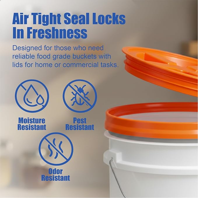 5 Gallon Bucket - Food Grade w/Lid BPA-Free, White/Orange, 3 | Airtight Gamma Seal Screw-On Lid, Heavy-Duty 90 Mil HDPE Plastic, Food Safe and Durable Container, Bulk Storage, Made in USA - Image 5