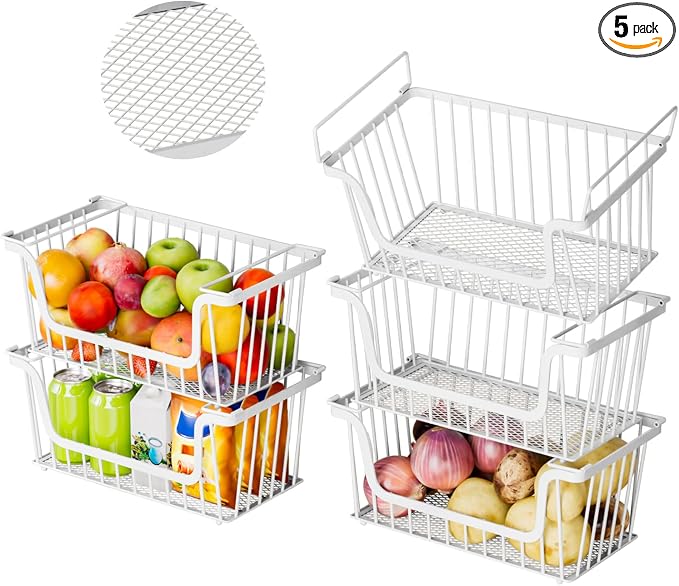 5 Pack Enhanced Leak-Proof Bottom Stackable Wire Baskets, Pantry Organizers and Storage, pantry storage，Shelf Baskets, Fruit Basket, Potato and Onion Storage Bins，(White) by ANJUBAN