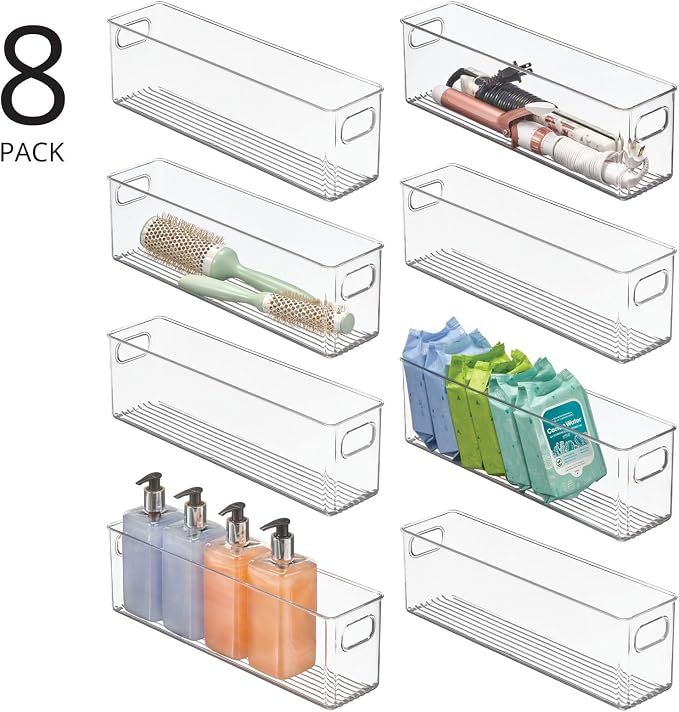 mDesign Plastic Bathroom Storage Container Bins w/ Handles - Closet, Cabinet, Vanity, Cupboard Shelf Organization, Hair Tools Accessory Organizer - Ligne Collection; Clear, ‎5x3.75x16 (Pack of 8) - Image 2