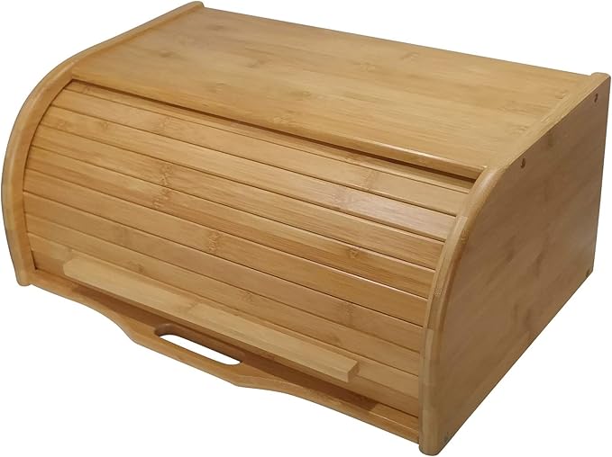 Large bread box bread basket wooden box storage boxes kitchen counter organizer, roll top breadbox. bread boxes for kitchen countertop. Bamboo wooden boxes. (Natural) by Premium+Presents