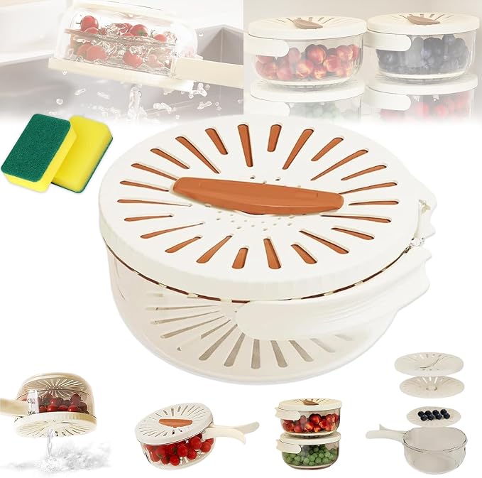 2026 New 2-in-1 Draining and Preservation Basket: Simplify Washing & Storing, Multifunctional Fruit and Vegetable Washing Bowl, Drain & Freshness Basket with Foldable Handle, Strainer, Lid (Brown, S) by hwqsad