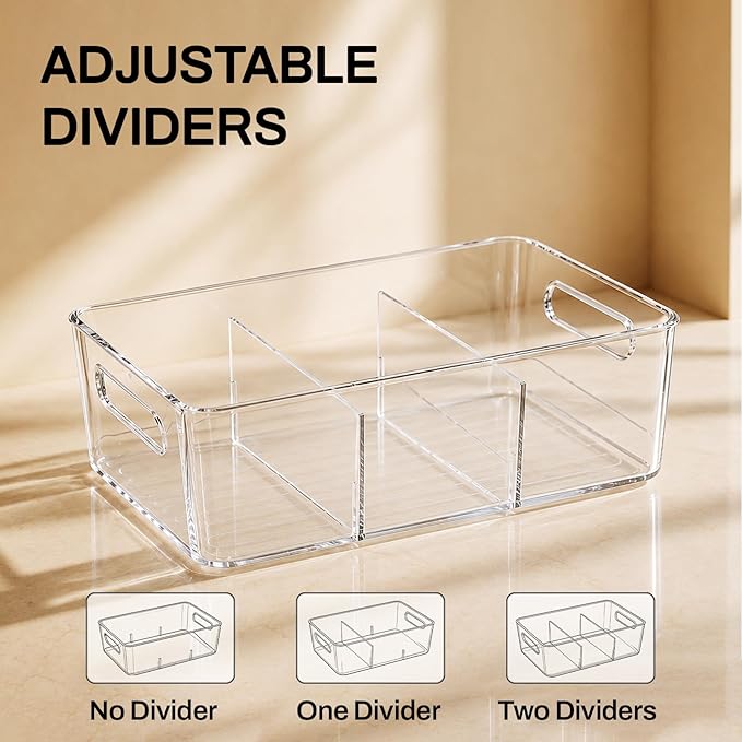 Mpotmiy 4-Pack Pantry Organizers and Storage, Clear Fridge Organizer Bins | Clear stackable plastic bins with removable dividers for packets, snacks, pouches and spices in pantry, fridge or freezer. - Image 4