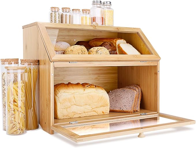 HOMEKOKO Double Layer Bread Box for Kitchen Countertop, Natural Bamboo | Keeps Bread Fresh 3-4 Days, Large Capacity Fits 2+ Loaves, Suitable For Home Kitchen Food Storage Use, See-Through Window - Image 7