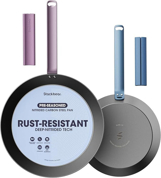 Carbon Steel Frying Pan Set, 10 & 12 Inch Nitrided Skillets | Multiple Cooking Sizes with Natural Patina Development; Ideal for Daily Cooking & High-heat Recipes by Stackbear-DesignsmarterLiveeasier