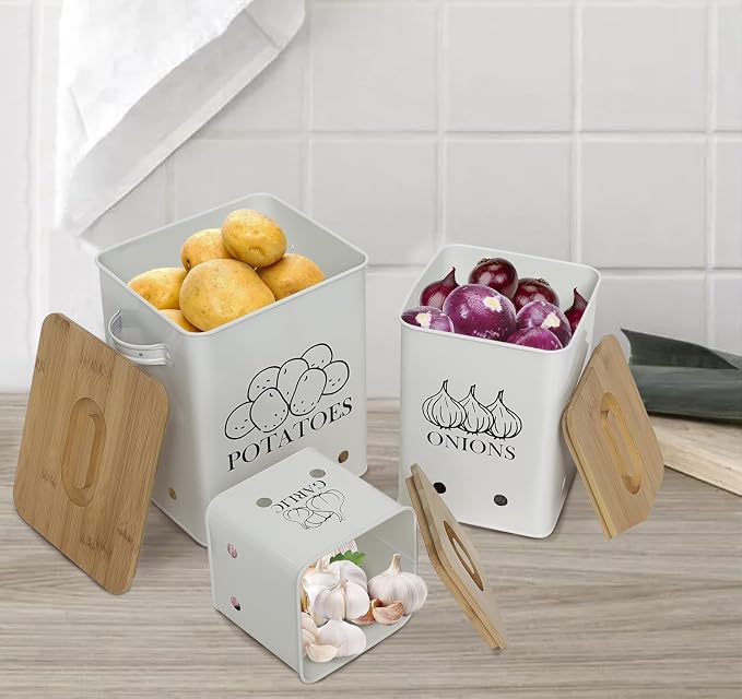 Kitchen Canisters Set, Storage Bin for Potato Onion & Garlic, 3 Pack Set Countertop Pots Containers with Wooden Lid - Potato Storage, Garlic Bin, Onion Keeper Tin with Aerating Holes-White - Image 6