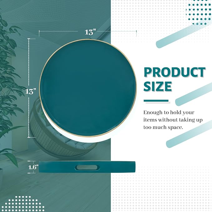 13" Teal Decorative Tray, Plastic Round Serving Tray with Handles | Green Decorative Tray for Coffee Table, Modern Ottoman Tray, Circle Tea Tray, Round Melamine Tray for Living Room, Bathroom - Image 2