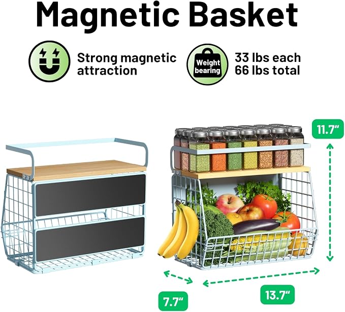 Magnetic Shelf for Fridge with Wood Lid, Fruit Potato and Onion Storage Bins, Pantry Organizers & Storage, Large Container Magnetic Spice Rack for Refrigerator, Kitchen Counter, Cabinet (Blue, 1) - Image 5