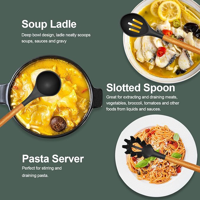 33-Piece Silicone Kitchen Utensils Set - Cookware Kit with Slotted Turner, Spoons, Ladle, Spatula, Measuring Cups & Spoons, Basting Brush, Egg Whisk, Tongs - Nonstick Cooking Accessories - Image 8