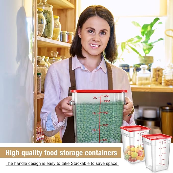 2 Pcs Square Food Storage Container Polycarbonate Clear Food Container with Lid Commercial Rice Storage with Graduations for Commercial Kitchen(22 Qt,Red) - Image 4