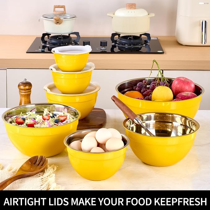 Yellow Mixing Bowls with Lids Set of 7, Stainless Steel Nesting Bowl with Khaki Lid for Non-slip Mixing Prepping Storing Serving, 7 Sizes-7/3.6/2.7/2.1/1.5/1/0.8 QT - Image 6