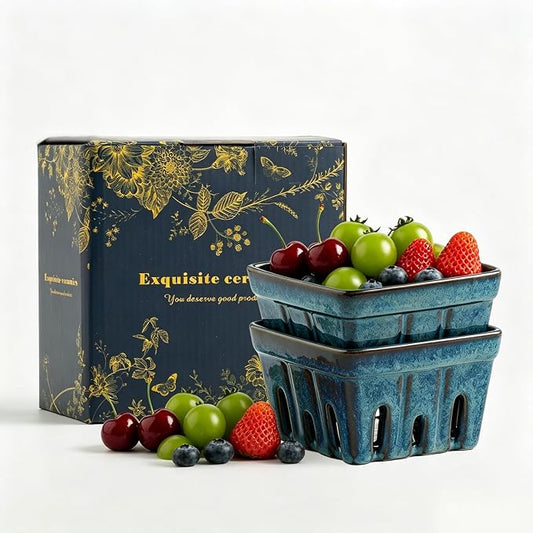 Ceramic Berry Basket, 6" Colander Set of 2 with Holes | Drainage holes help excess water flow away after washing berries, grapes, cherries, tomatoes, and fresh fruit by Unknown