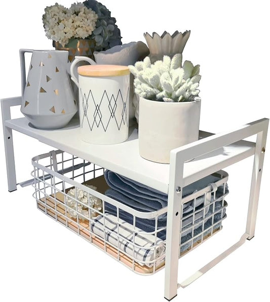 Expandable Cabinet Shelf Organizer 16-26" L Stackable Kitchen Counter Shelf Rack Stand Sink Riser Countertop Storage White (Wide 10.6”D) by Urhomeyplus