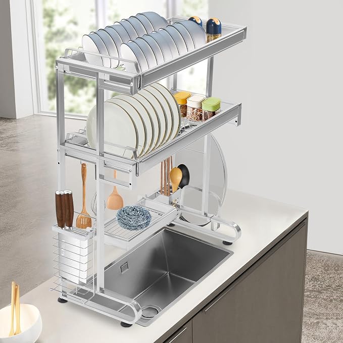 Sink Dish Drainer, 3-Tier Over Sink Dish Drying Rack, Large Capacity 304 Stainless Steel Dish Drying Rack, Expandable Over Kitchen Sink Organizer, Counter Organizer, Space Saver Dish Rack - Image 6