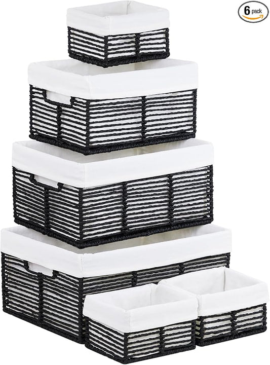 Wicker Storage Basket, 6 Pack Baskets for Organizing, Wicker Baskets with Handle, Rectangular Woven Basket for Storage Shelves, Cube Storage Bins for Closet/Clothes/Dresser, Black by Vagusicc
