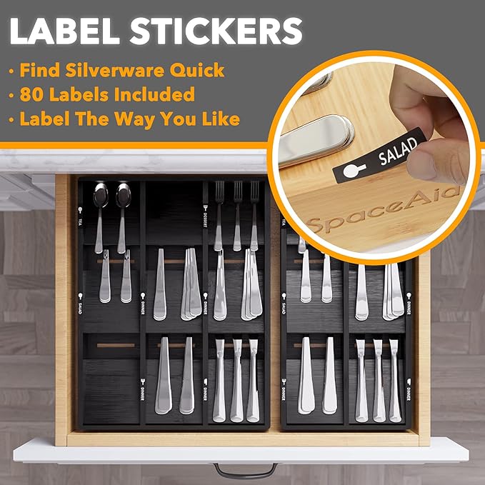 SpaceAid Bamboo Silverware Drawer Organizer with Labels, Kitchen Utensil Tray Holder Organizer for Flatware, Cutlery, Spoon and Knives Drawer Storage Organization (Black, 6 Slots) - Image 3