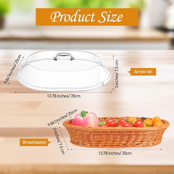 Hushee 2 Set Imitation Rattan Bread Basket with Lid Wicker Bread Baskets for Serving Woven Fruit Basket with Cover Oval Food Baskets for Food Vegetables Display(13.78 x 9.84 Inch) - Image 2