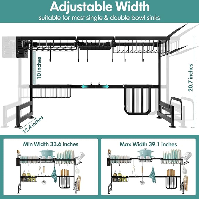 2 Tier Extra Large Stainless Steel Over The Sink Dish Drying Rack | Rust Proof Metal, Expandable Kitchen Sink Drainer, Counter Space Saving, Heavy Duty, Modern Black, Multifunctional Storage - Image 2
