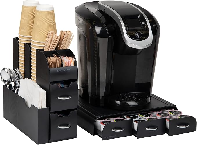 Mind Reader Single Serve Coffee Pod Drawer and Cup Condiment Set, 2 Pcs., 36 Pod Capacity, 5.35"L x 11.25"W x 11.15"H, Black by MindReader