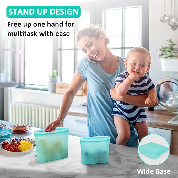 Reusable Sandwich & Snack Bags, 8 Pack 100% Silicone Food Storage Bags Stand Up Zip Lock for Food Container, Freezer Microwave Oven Dishwasher Safe, 4 Small 4 Extra Small, Aqua - Image 4