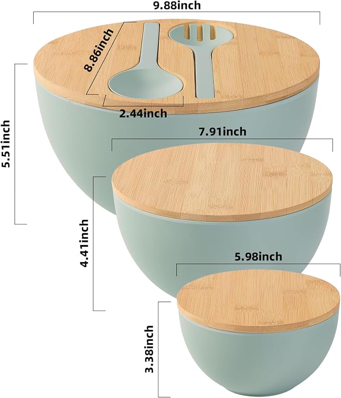 ECOWAY Salad Bowls Set of 3 with Lid & Serving Utensils, Bamboo Fiber Mixing Bowls Set Large Serving Bowls & Storage Set with Bamboo Lid for Salad, Kitchen Eating, Pasta, Popcorn, Chips, Fruit, Cyan - Image 3