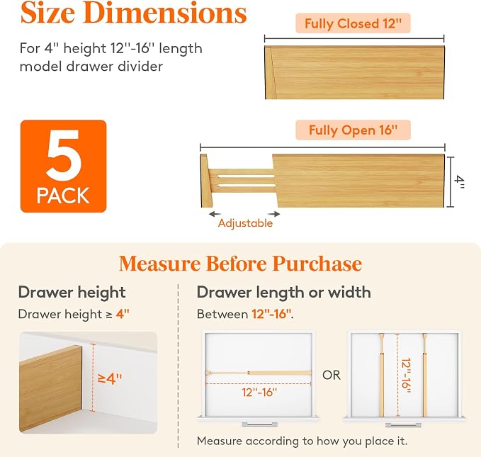 Lifewit 4" High 5 Pack Bamboo Drawer Dividers 31-40cm/12-16 Adjustable Wooden Drawer Organizer for Clothes/Utensils, Expandable Drawer Separator for Dresser/Kitchen/Bedroom/Office Organization - Image 2
