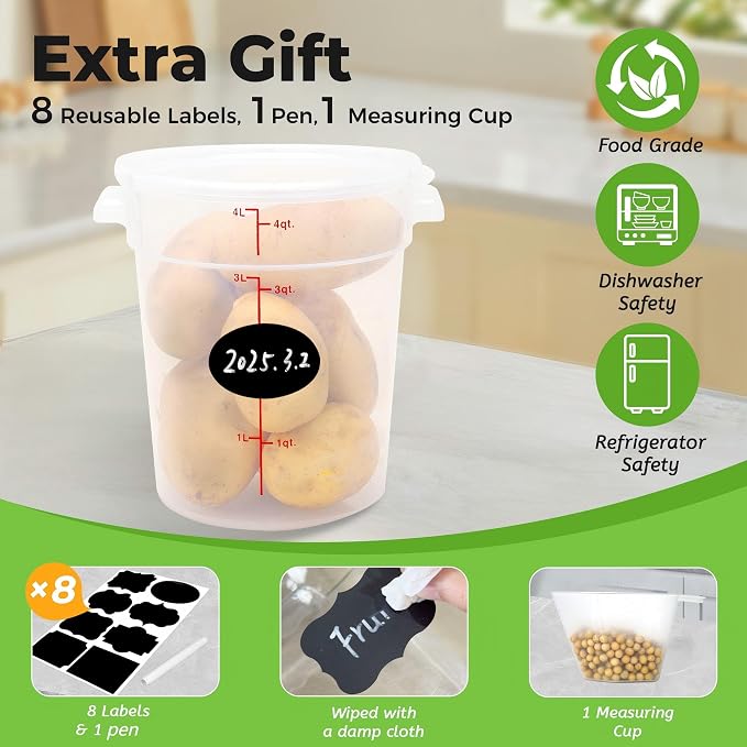 BIEAMA 4 Pack 4 Qt Round Food Storage Containers with Lids, Translucent PP | Include lids, labels, measuring cups and containers with capacity markings for food prep, pantry storage and dough proofing. - Image 5