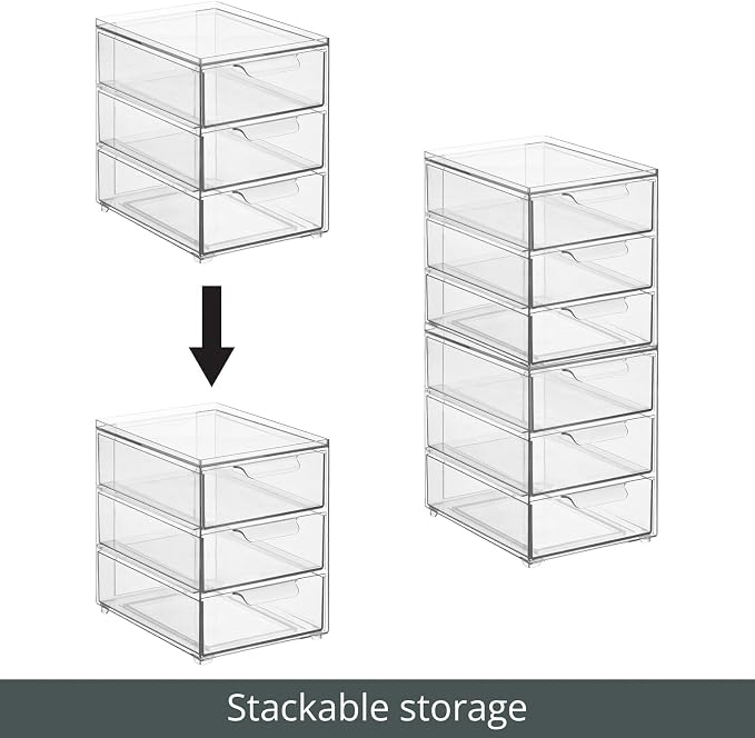 mDesign Plastic Stackable Organizer with 3 Drawers - Pull-Out Drawer Storage Bin for Bathroom Sink/Cabinet Organization - Perfect for Makeup, Small Towels, and More - Lumiere Collection, 2 Pack, Clear - Image 5