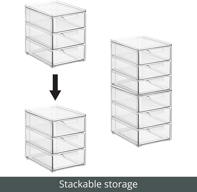 mDesign Plastic Stackable 3-Drawer Kitchen Storage Organizer - Bin with Divided Pull-Out Drawers for Pantry, Shelf, Fridge/Refrigerator, and Freezer Organization - Lumiere Collection - Clear - Image 4