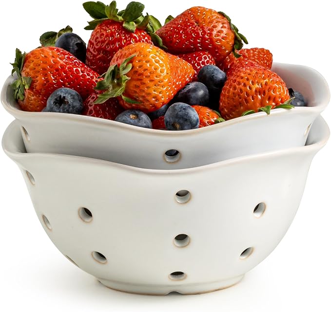 Gomakren Ceramic Berry Basket Set of 2, Elegant Fruit Basket Container 6 Inch, Fruit Bowl with Holes for Kitchen Counter, Berries, Strawberry, Grape, Cherry, Floral Shape - White by Gomakren