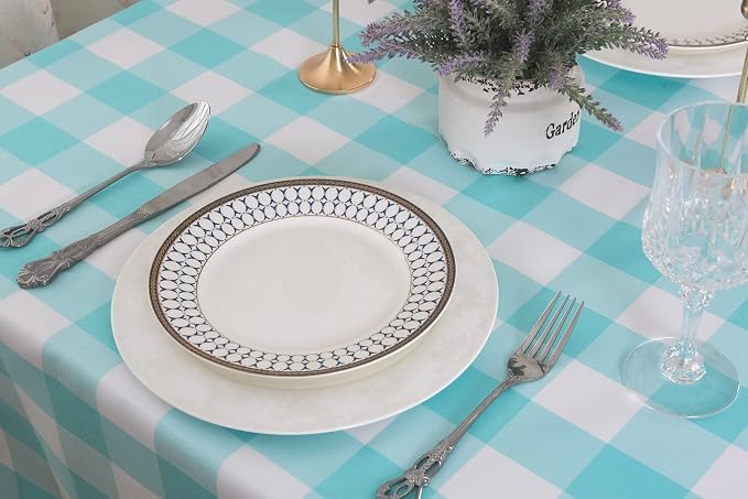 Cupuamon 2 Pack Waterproof Polyester Fabic Square Checkered Tablecloth，54x54 Outdoor Table Cloth，Oil Stain Prevention Table Cloth for Pinics and Parties（Aqua and White） - Image 4