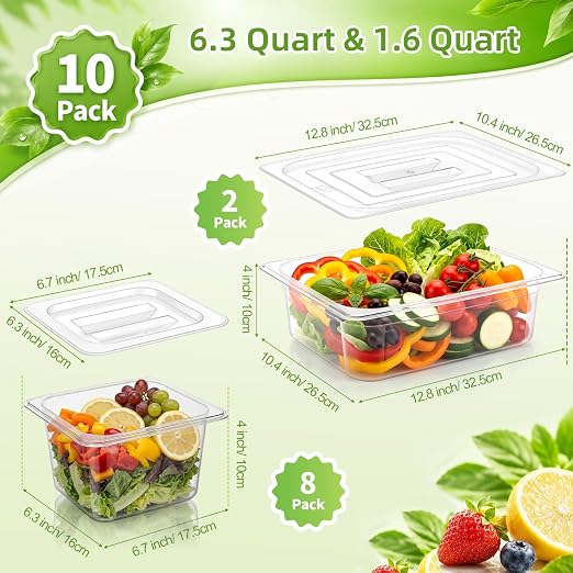 Sliner 10 Pack Plastic Clear Food Pans with Lids, Stackable and Freezer Safe Commercial Food Storage Containers for Fridge Salad Polycarbonate(4" 1/2+1/6 Set) - Image 2