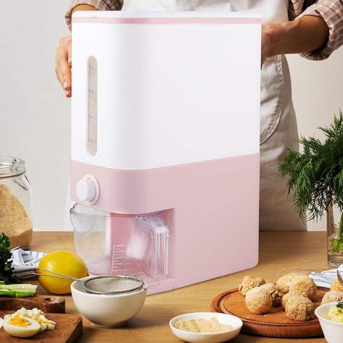 Rubtlamp 22.5-25 Lbs Pink Rice Dispenser, Rice Storage Container, Pink Rice Storage Container with Measuring Cup, Rice Holder Bucket for Household Kitchen Rice Soybean Corn - Image 2