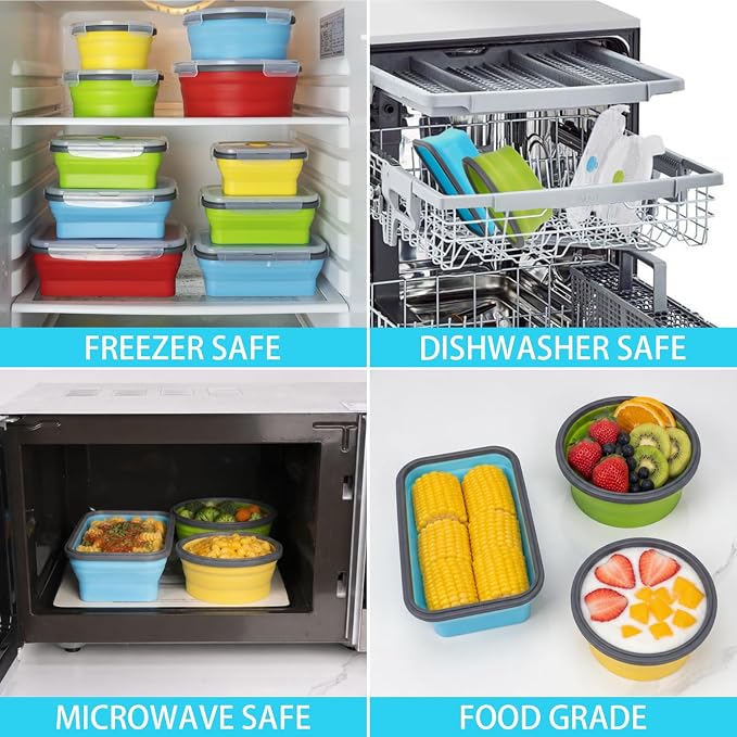 Collapsible Food Storage Containers with Lid & Air Vent, 16 Pack, 8 Rectangular + 8 Round, Annaklin Foldable Silicone Lunch Containers Collapsible Bowls Set, Microwave Freezer Dishwasher Safe, 4-Color - Image 4