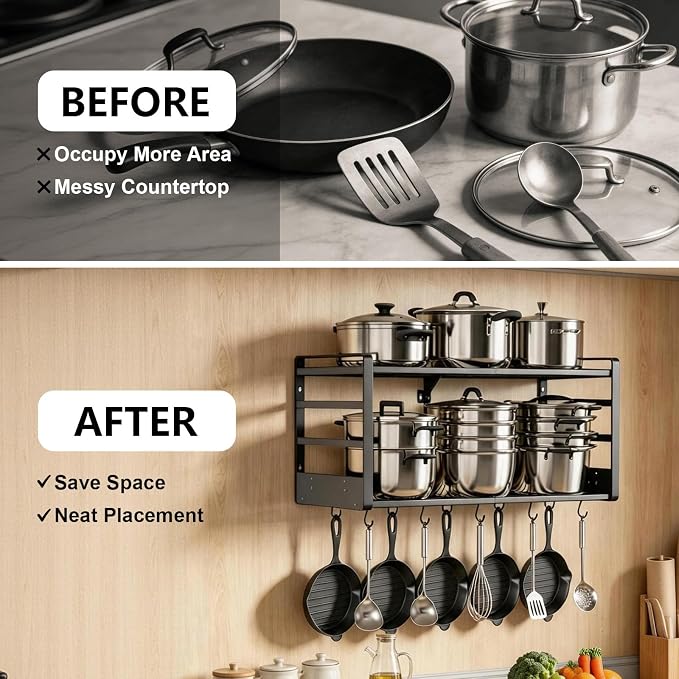 Pot Rack, 31 Inch Wall Mounted 2-Tier Pots & Pans Organizer with 20 Hooks | 14 Removable Slots & Pot Lid Holder, Heavy Duty Steel Pot and Pan Hanger for Kitchen Cookware & Utensil Storage - Image 7