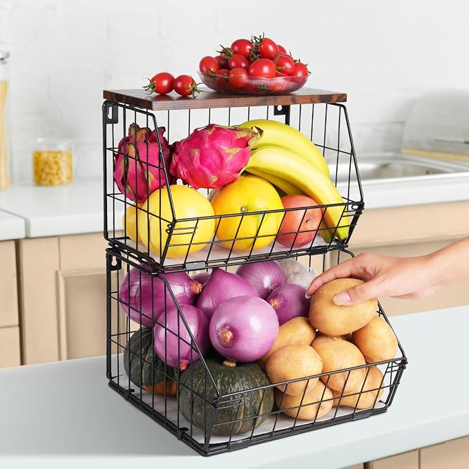 Wawocs 2 Tier Stackable Wall Mounted Hanging Basket, Fruit Basket for Kitchen Counter, Storage Bin with Wood Lid, Onion Storage, Fruit and Vegetable Storage, Countertop Organizer by Wawocs