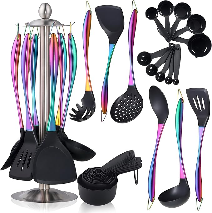Silicone Cooking Utensils Set, 17pcs Kitchen Utensil Set with Rotatable Holder, Heat-Resistant Silicone Utensils for Cooking, Non-Stick Spatula Set with Stainless Steel Handle,Turner,Ladle (Rainbow) by Blithely