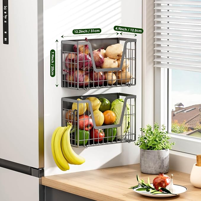 Grey Magnetic Shelf for Fridge, 2-Pack Potato and Onion Storage Bin | Magnetic Fruit Basket for Fridge, Magnetic Shelves Kitchen Pantry Organizers & Storage, Magnetic Spice Rack for Refrigerator - Image 3