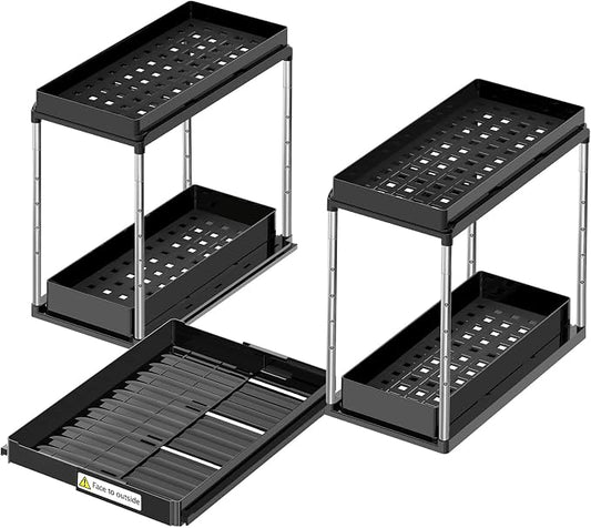 NIUXX Expandable Under Sink Organizer: 2 Tier Height Adjustable | Under Cabinet Organizer - Double Pull Out Shelf Under Sink Storage for Kitchen - Bathroom and Laundry Room - Space Saving by NIUXX