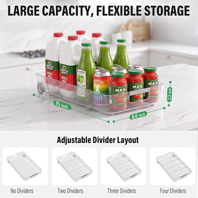 Fridge Organizer Bins with Wheels, Pull Out Fridge Organizer, Adjustable Dividers and Easy Pull Handles, Clear Plastic, 2-Pack, Suitable for Kitchen, Pantry and Cabinet Deep Shelves - Image 3