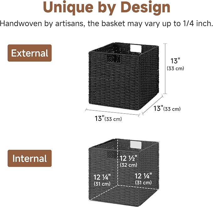 StorageWorks 13 inch Black Wicker Baskets for Storage,Foldable Black Basket | 2-Pack, Handwoven Wicker Storage Baskets for Organizing, Square Storage Cubes, Black Storage Bins, Paper Rope Square Baskets - Image 2
